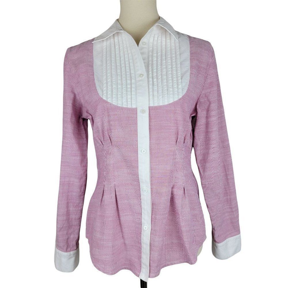 Jones New York Signature Pink White Contrasted Pleated Button-Down Shirt Size M